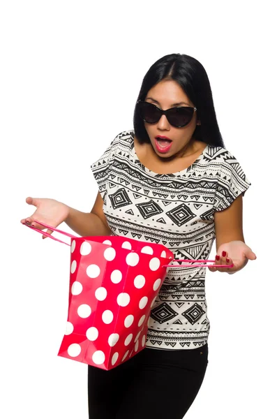 Alışveriş çantası üzerinde beyaz izole kadın — Stok fotoğraf