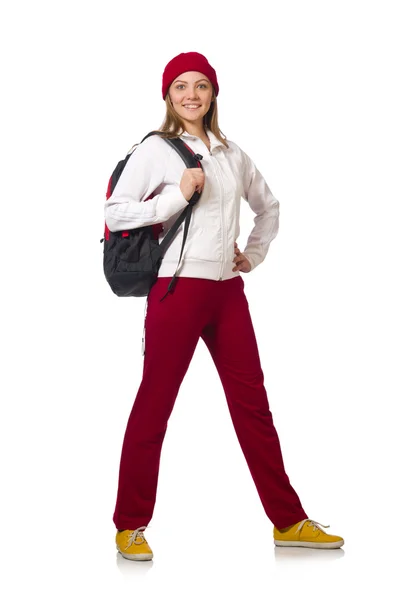Estudante engraçado com mochila isolada em branco — Fotografia de Stock