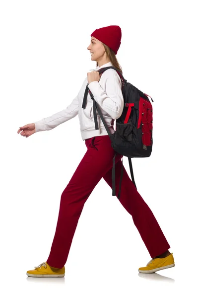 Étudiant drôle avec sac à dos isolé sur blanc — Photo