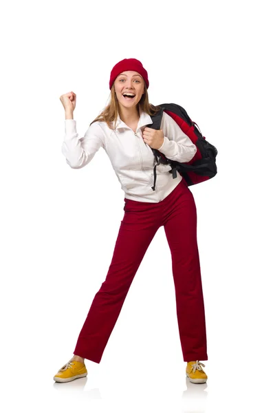 Funny student with backpack isolated on white — Stock Photo, Image