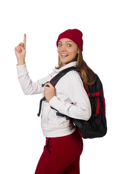 Komik öğrenci üzerinde beyaz izole sırt çantası ile — Stok fotoğraf