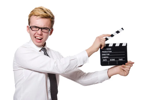 Funny man with movie board on white — Stock Photo, Image