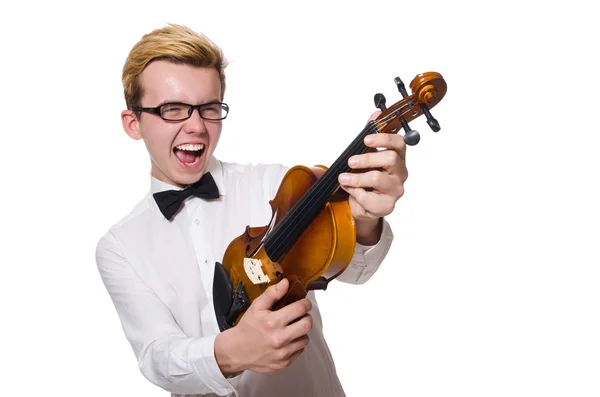 Jovem jogador de violino engraçado isolado no branco — Fotografia de Stock