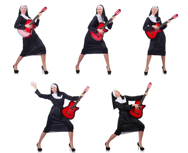 Nun with guitar isolated on white — Stock Photo, Image