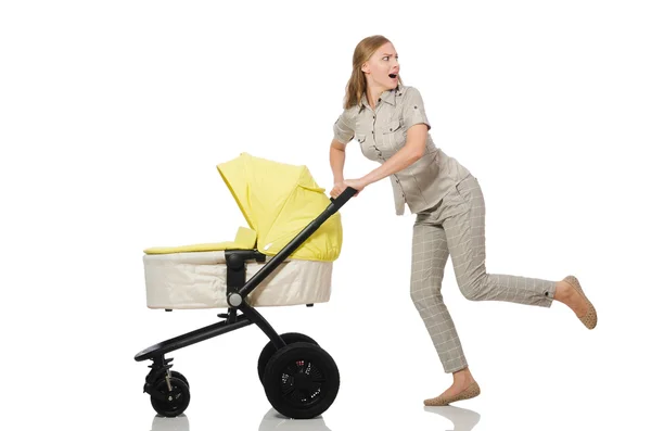 Woman with baby and pram isolated on white — Stock Photo, Image