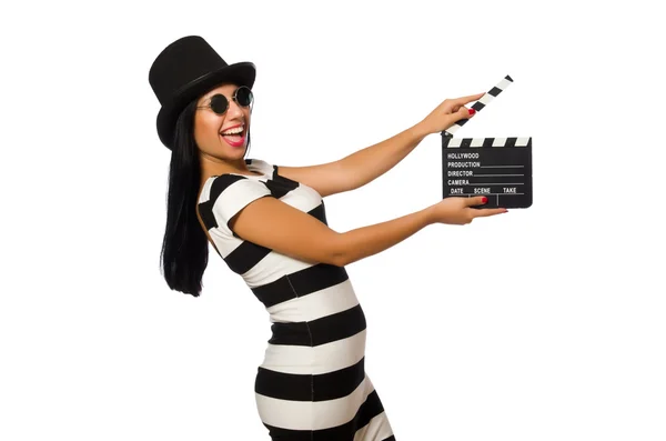 Woman with movie clapper on white — Stock Photo, Image