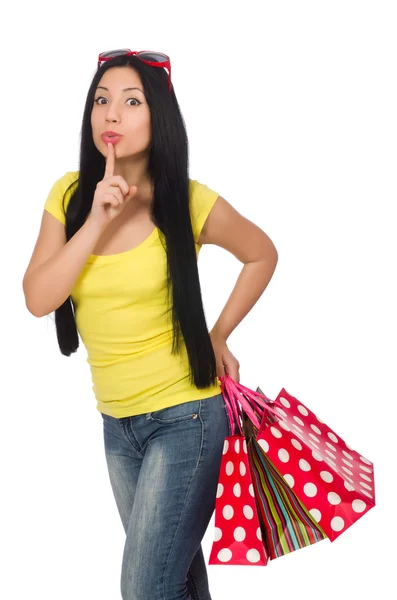 Donna con shopping bags isolata su bianco — Foto Stock