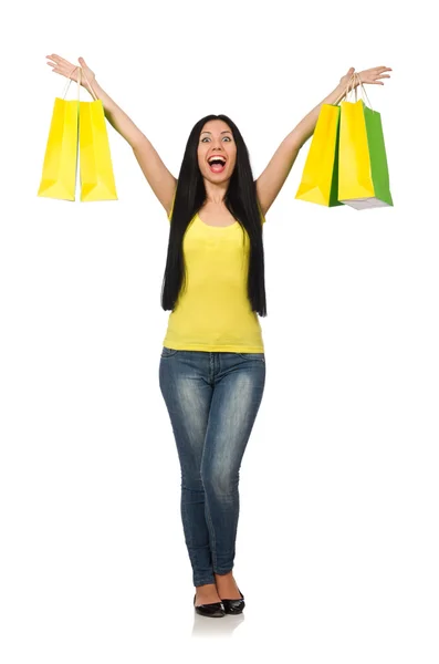 Mujer con bolsas aisladas en blanco — Foto de Stock