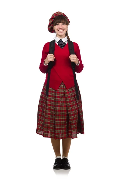 Ragazza in tartan scozzese abbigliamento isolato su bianco — Foto Stock