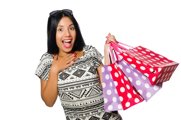 Woman with shopping bags isolated on white Stock Image