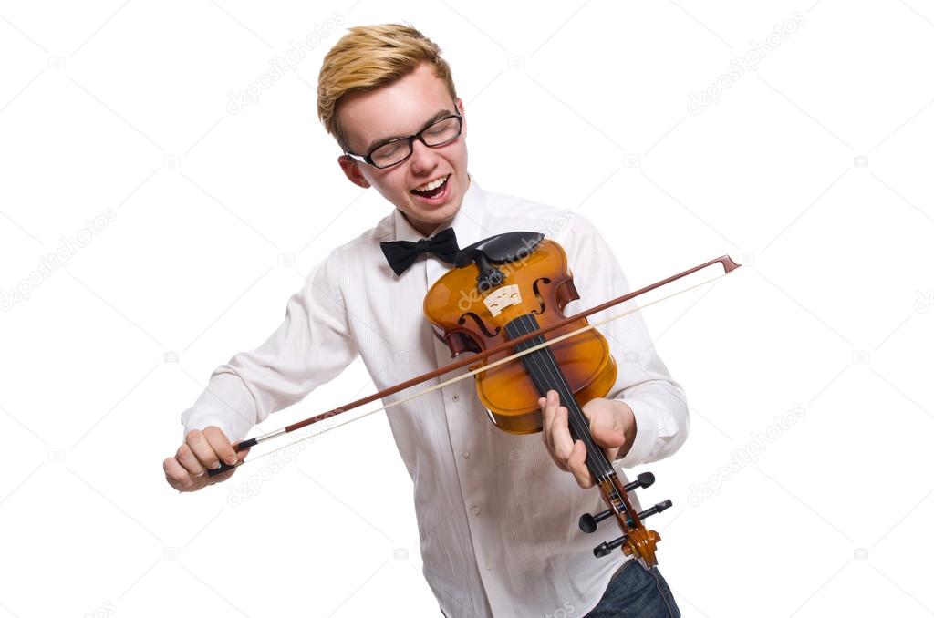 Young funny violin player isolated on white