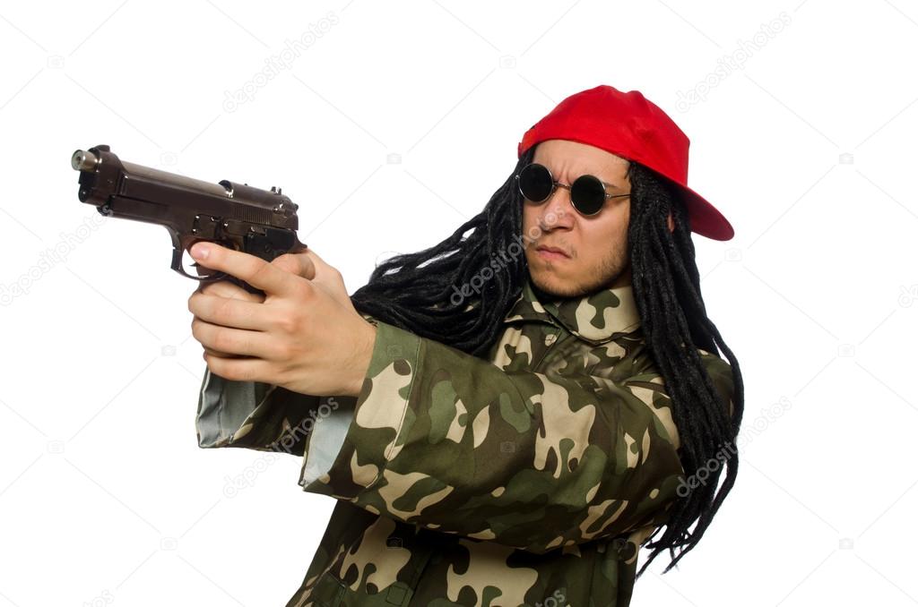 Funny guy with gun isolated on white