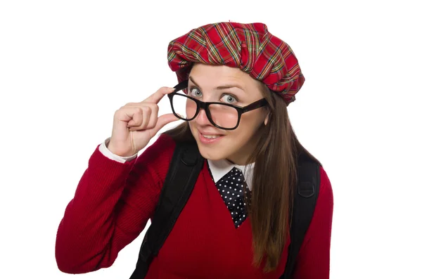 Meisje in Schotse tartan kleding op wit wordt geïsoleerd — Stockfoto