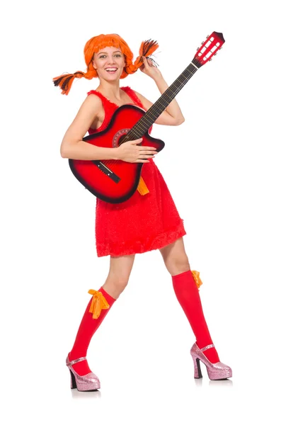 Femme avec guitare isolée sur blanc — Photo