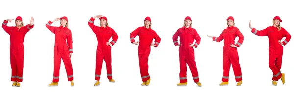 Woman in red overalls isolated on white — Stock Photo, Image