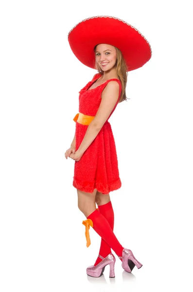 Woman wearing sombrero on the white — Stock Photo, Image