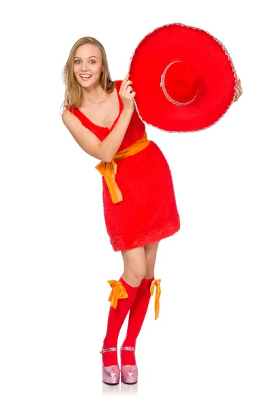 Woman wearing sombrero on the white — Stock Photo, Image