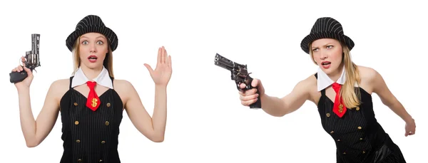 Gangsterfrau mit Handfeuerwaffe auf Weiß — Stockfoto