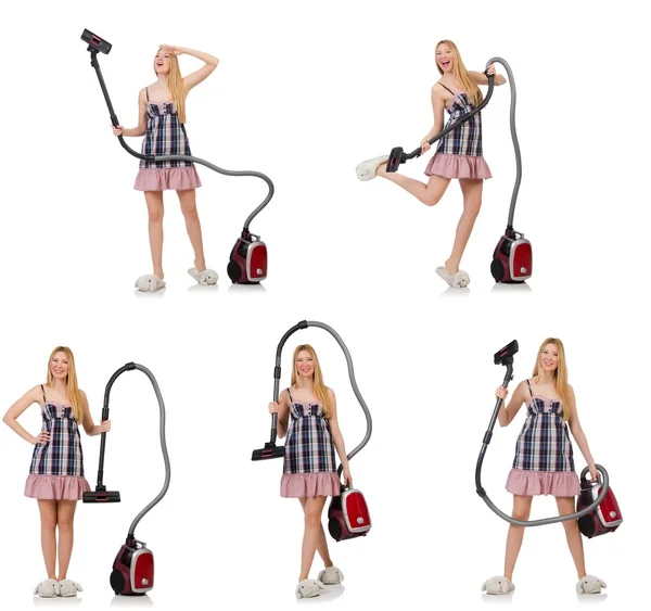 Young woman with vacuum cleaner on white — Stock Photo, Image