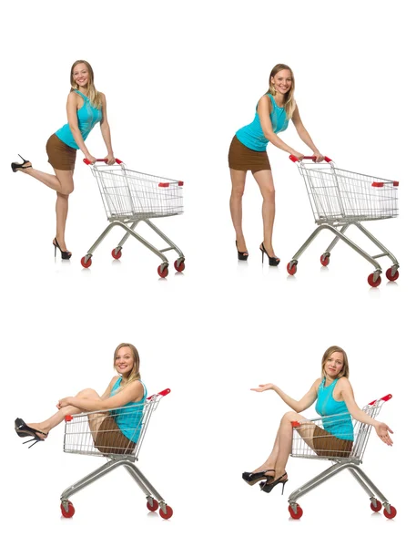 Kompozitní fotografie ženy s nákupním košíkem — Stock fotografie