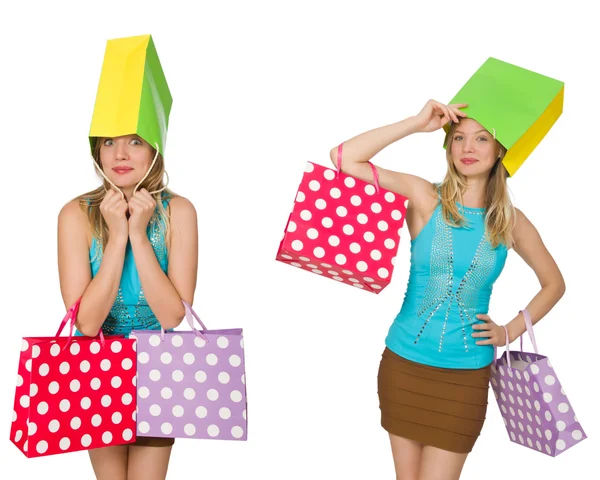 Donna con shopping bags isolata su bianco — Foto Stock