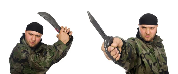 Jovem em uniforme de soldado segurando faca isolada em branco — Fotografia de Stock