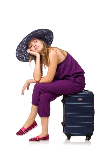 Woman with suitcase isolated on white — Stock Photo, Image