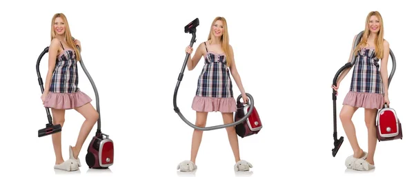 Young woman with vacuum cleaner on white — Stock Photo, Image