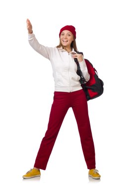 Komik öğrenci üzerinde beyaz izole sırt çantası ile