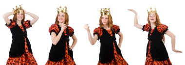 Beyaz tacı takan komik kadın kraliçe.