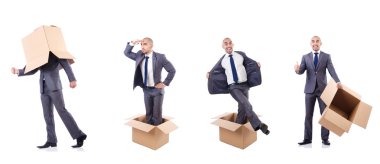 İnsan ve kutularla fotoğraf kolajı