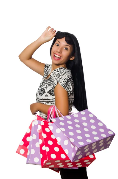 Femme avec des sacs à provisions isolés sur blanc — Photo