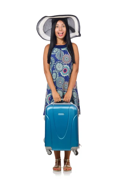 Woman with suitcase isolated on white — Stock Photo, Image