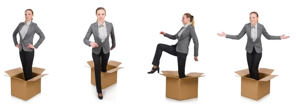 Composite image of woman with boxes on white — Stock Photo, Image