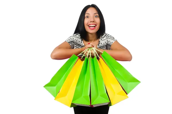 Mulher com sacos de compras isolados em branco — Fotografia de Stock