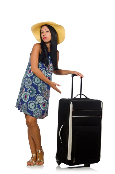 Mulher com mala isolada em branco — Fotografia de Stock