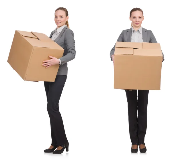 Композитное изображение женщины с коробками на белом — стоковое фото