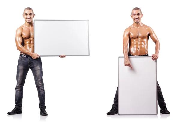 Man with blank poster on white — Stock Photo, Image