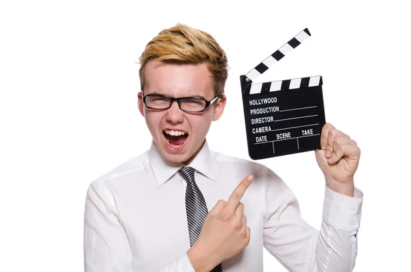 Grappige mens met film board op wit — Stockfoto