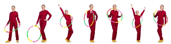 Woman doing exercises with hula hoop — Stock Photo, Image