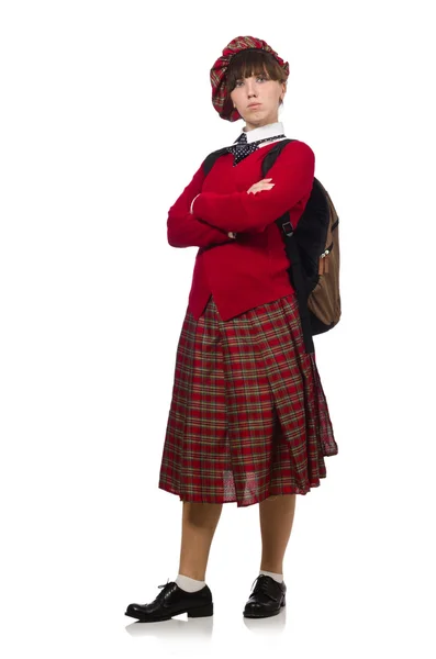 Chica en ropa de tartán escocés aislado en blanco —  Fotos de Stock