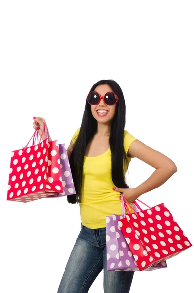 Mulher com sacos de compras isolados em branco — Fotografia de Stock