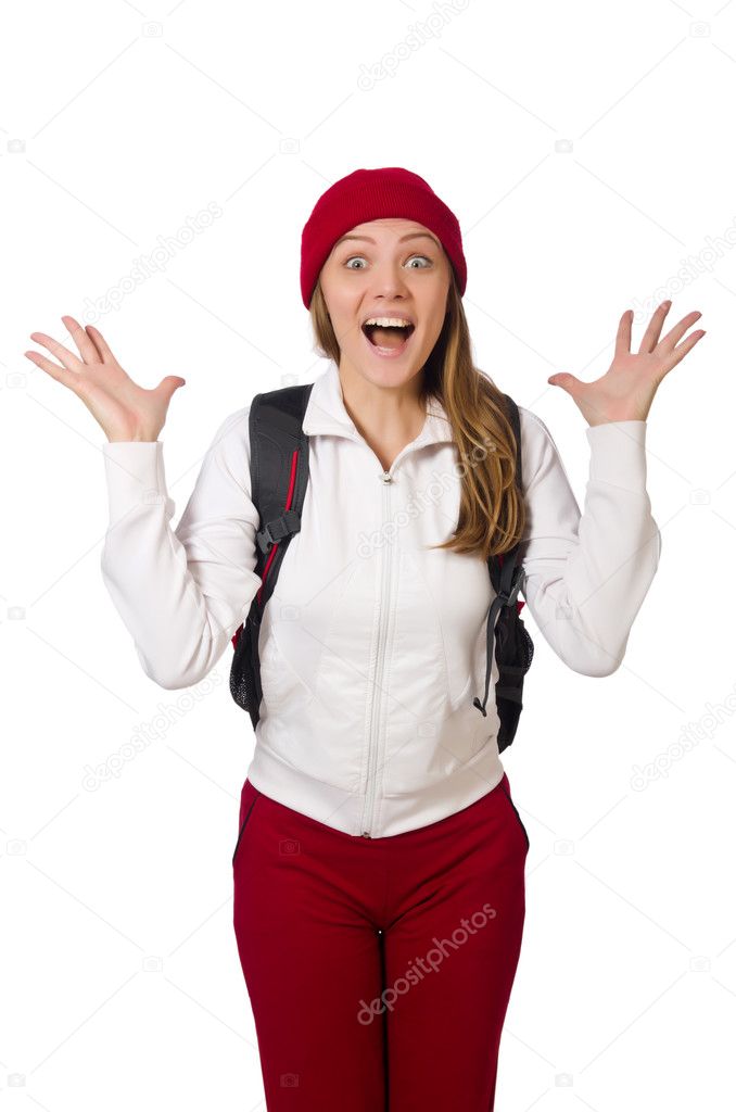 Funny student with backpack isolated on white