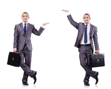 Çeşitli pozlardaki iş adamı beyazlar içinde izole edilmiş.