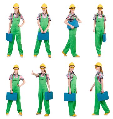 Yeşil tulumlu kadın beyaz giyindi.