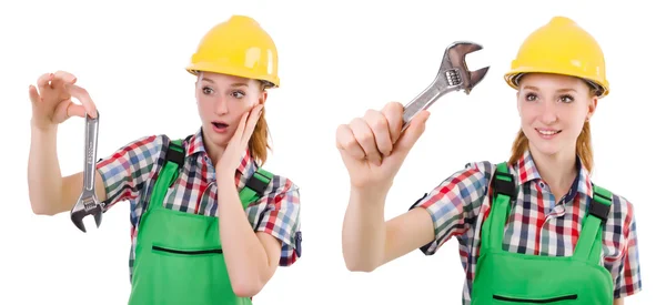 Constructon arbetare kvinna med skiftnyckel isolerad på vitt — Stockfoto