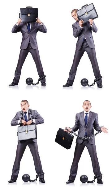 Uomo d'affari con catene su bianco — Foto Stock