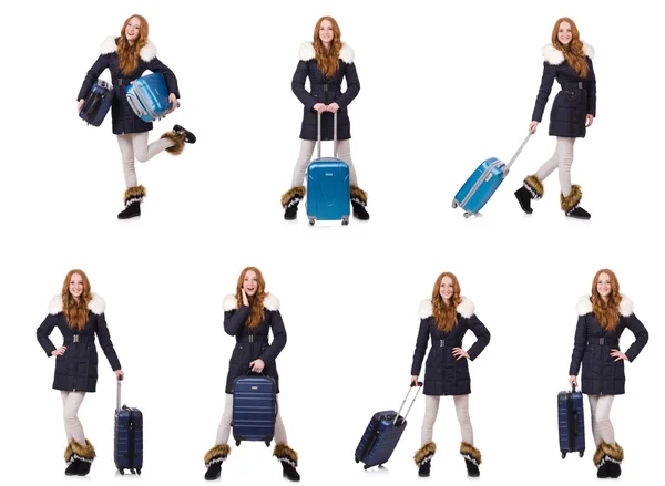 Woman with suitcase preparing for winter vacation — Stock Photo, Image