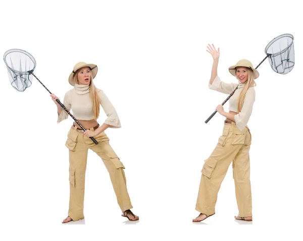 Woman with catching net on white — Stock Photo, Image