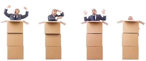 Collage of photos with man and boxes — Stock Photo, Image